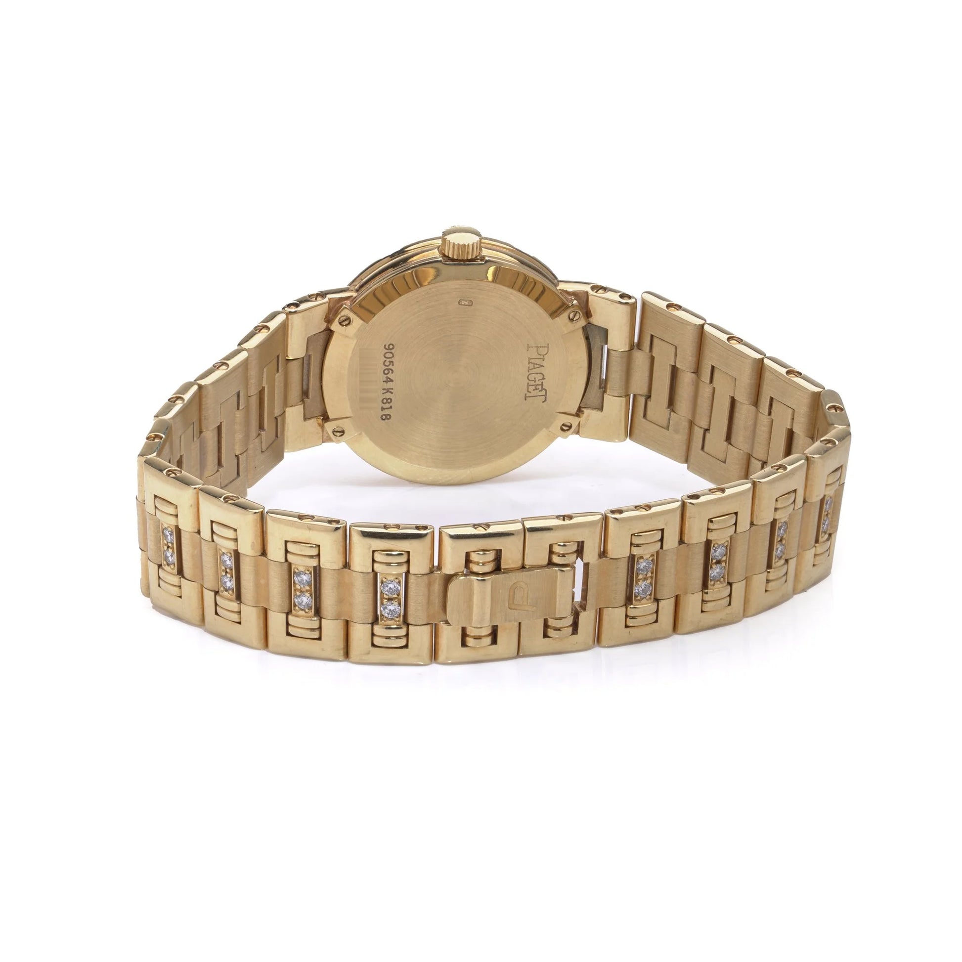 A ladies Piaget yellow gold and diamond wristwatch, on a white background