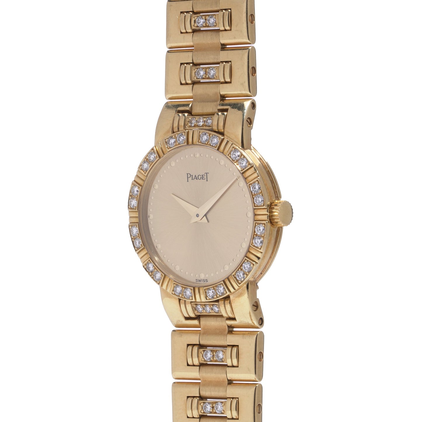 A ladies Piaget yellow gold and diamond wristwatch with champagne coloured dial, on a white background