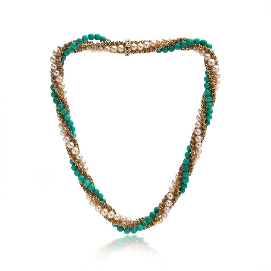 Vintage Van Cleef and Arpels Turquoise Pearl Gold Twist Necklace