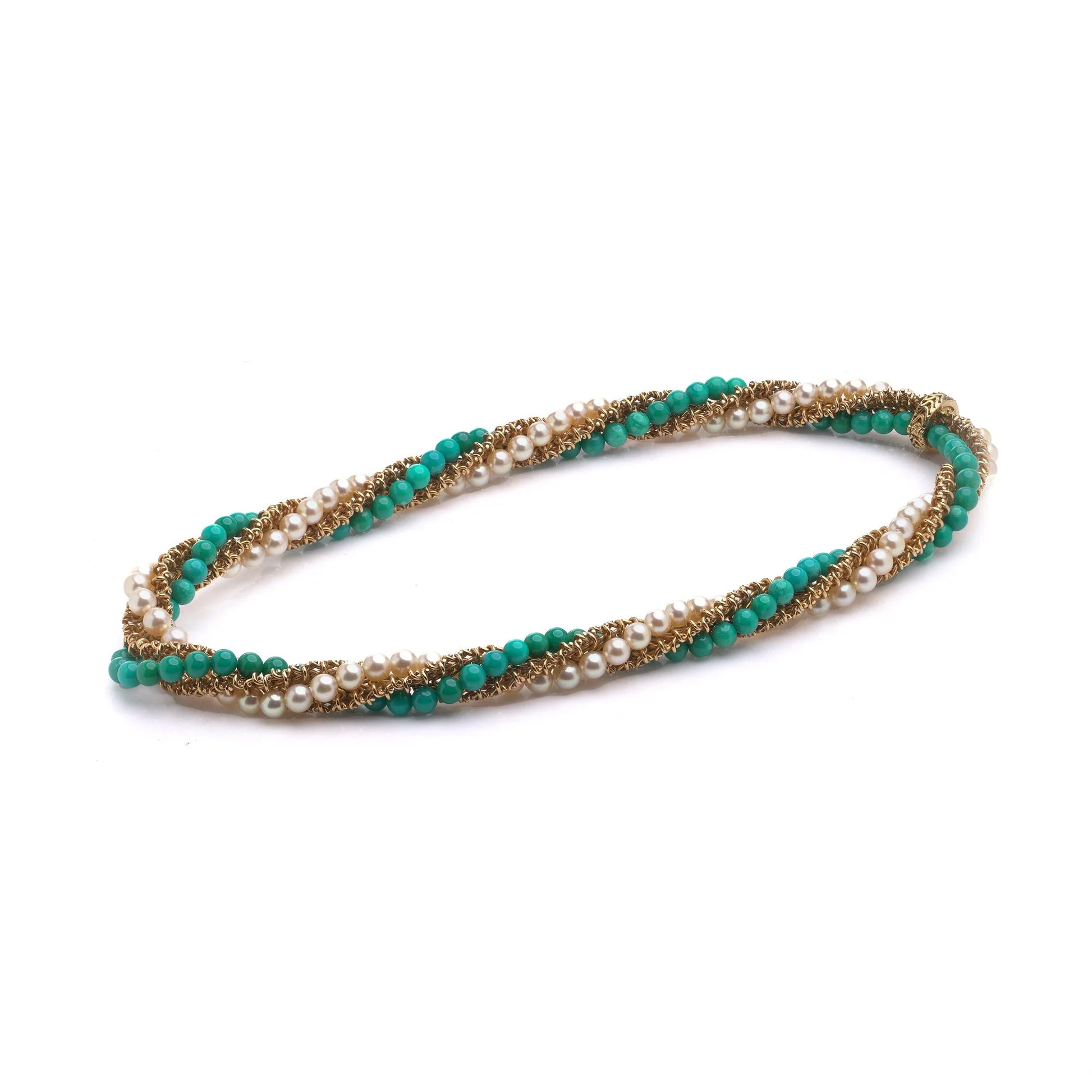 Vintage Van Cleef and Arpels Turquoise Pearl Gold Twist Necklace