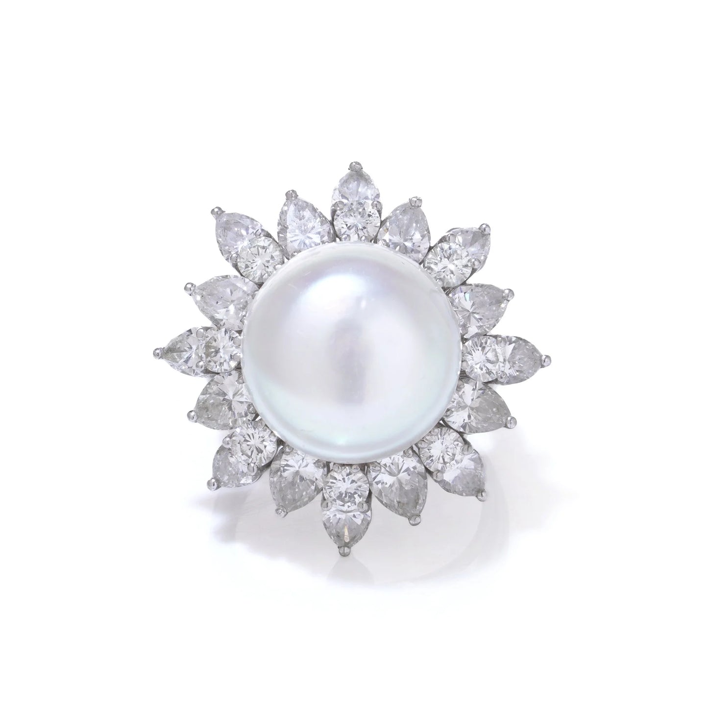 Vintage Platinum Natural Pearl Cluster Ring with Diamonds