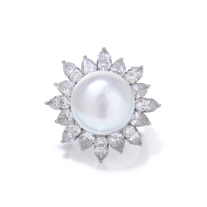 Vintage Platinum Natural Pearl Cluster Ring with Diamonds
