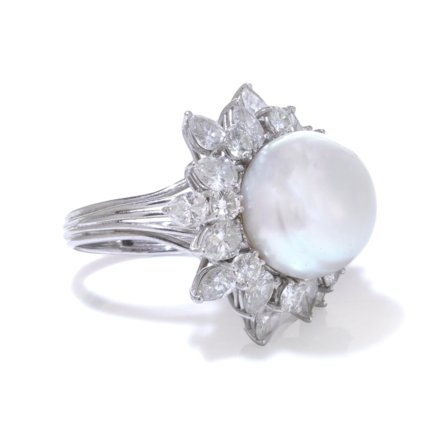 Vintage Platinum Natural Pearl Cluster Ring with Diamonds