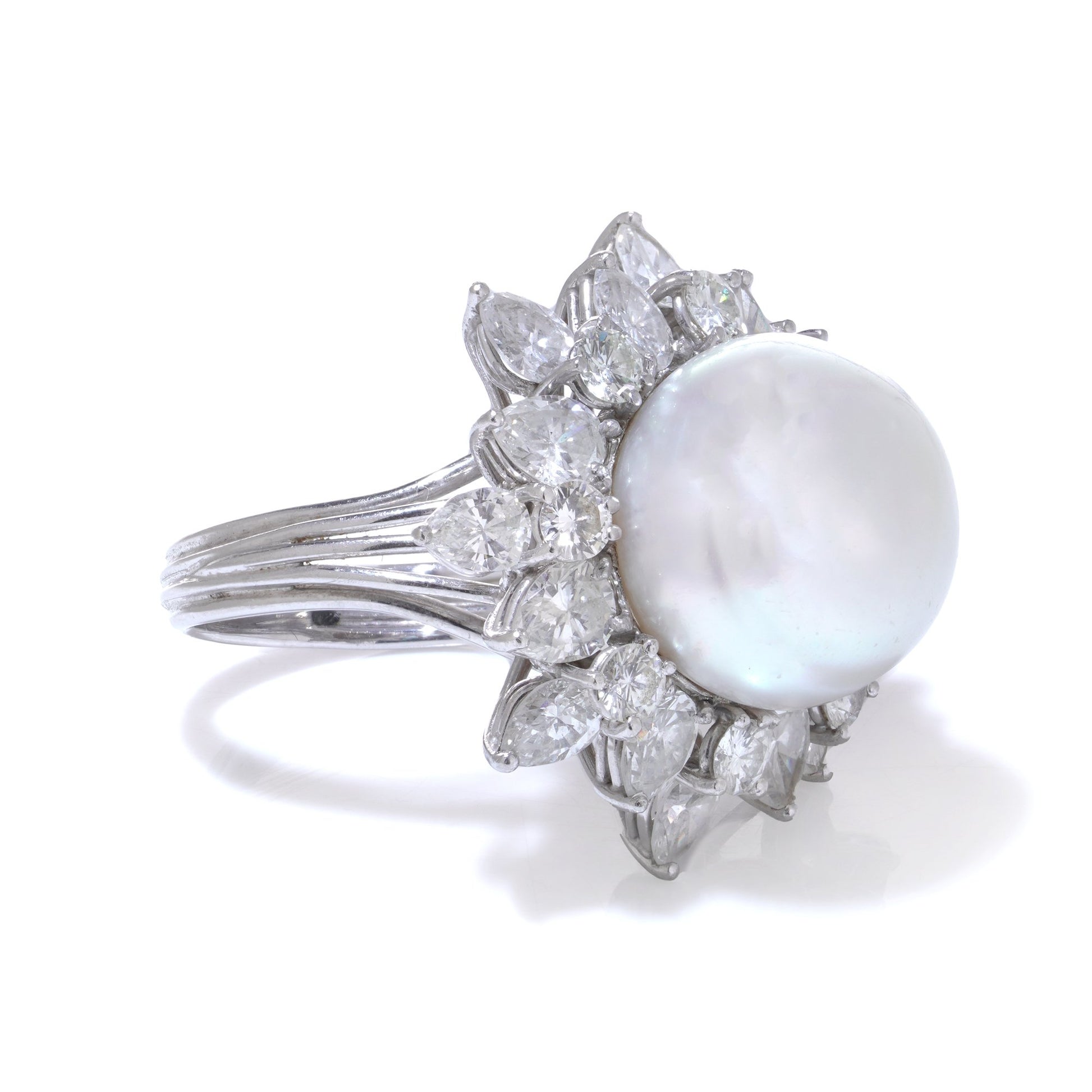 Vintage Platinum Natural Pearl Cluster Ring with Diamonds
