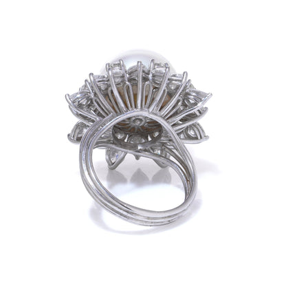Vintage Platinum Natural Pearl Cluster Ring with Diamonds