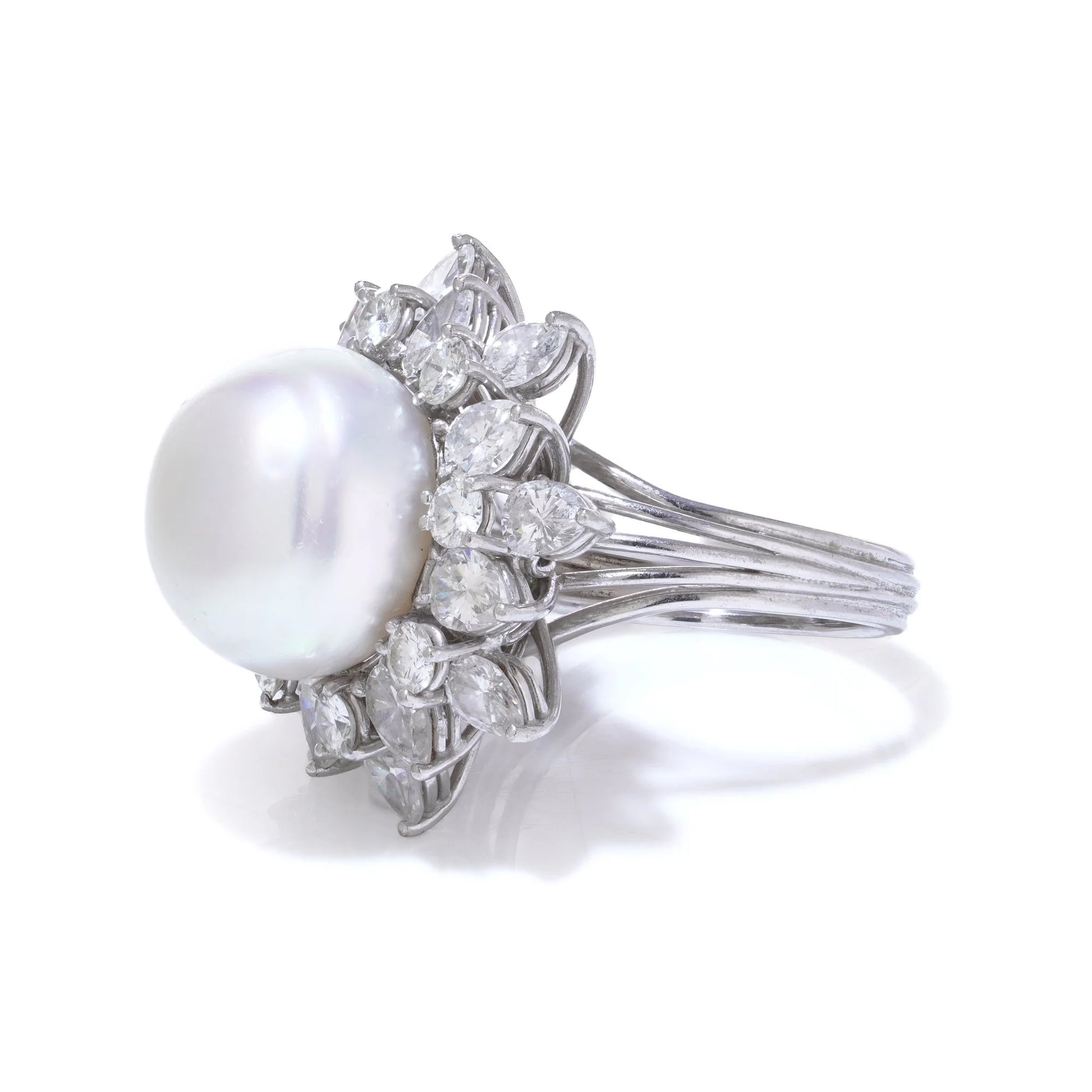 Vintage Platinum Natural Pearl Cluster Ring with Diamonds