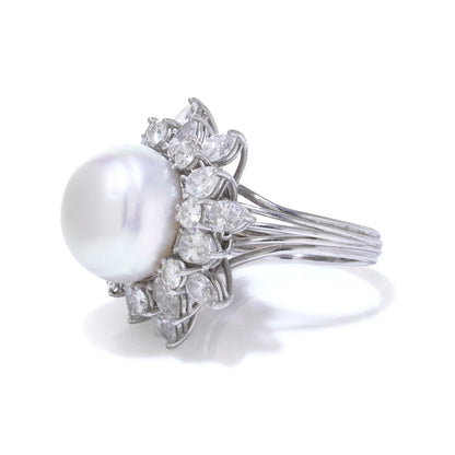 Vintage Platinum Natural Pearl Cluster Ring with Diamonds