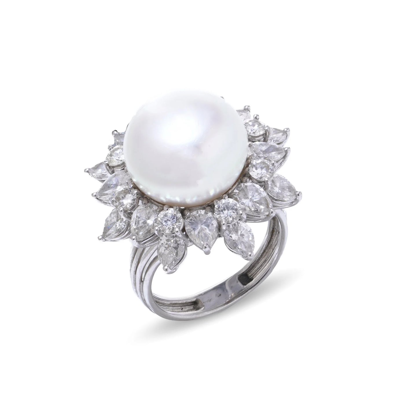 Vintage Platinum Natural Pearl Cluster Ring with Diamonds