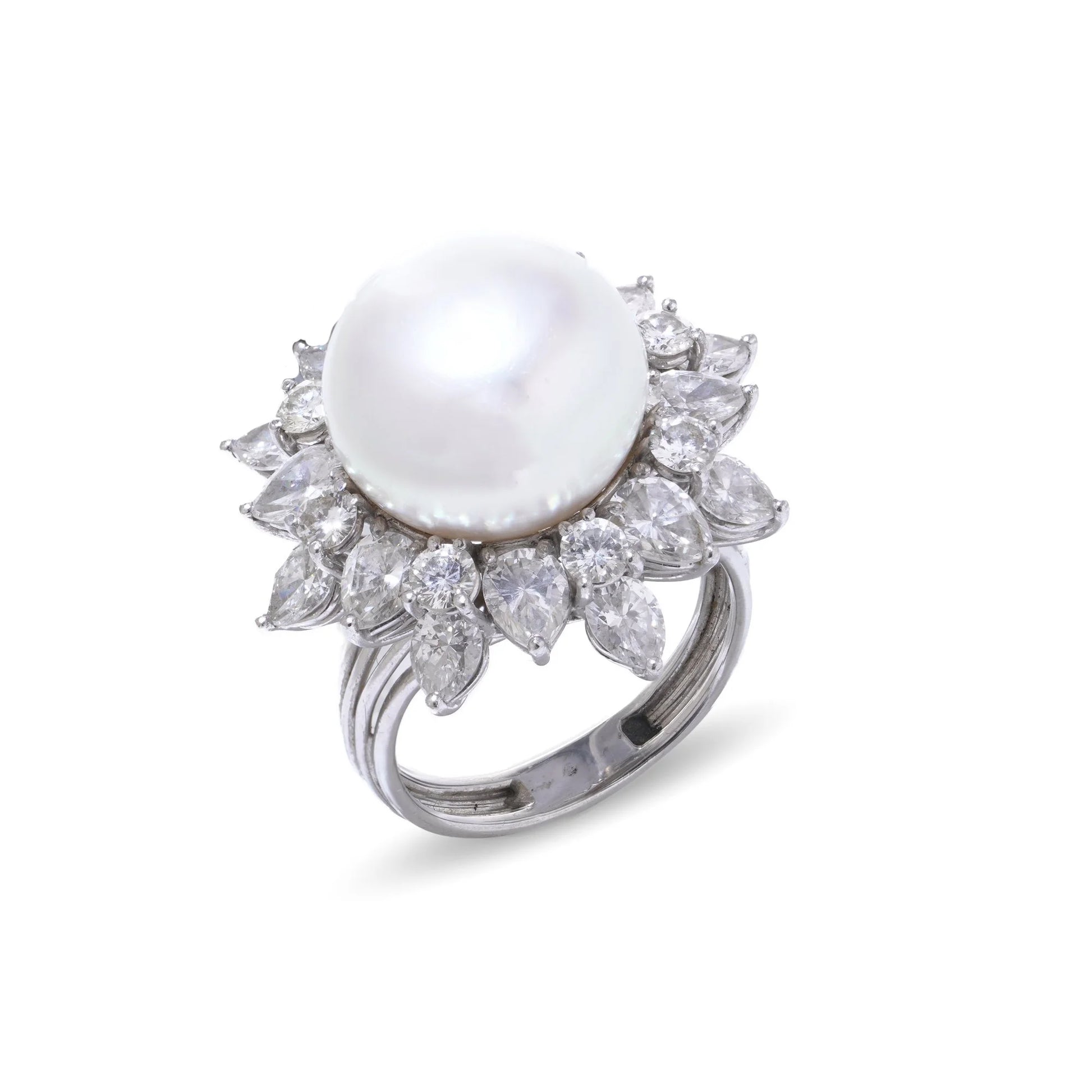 Vintage Platinum Natural Pearl Cluster Ring with Diamonds