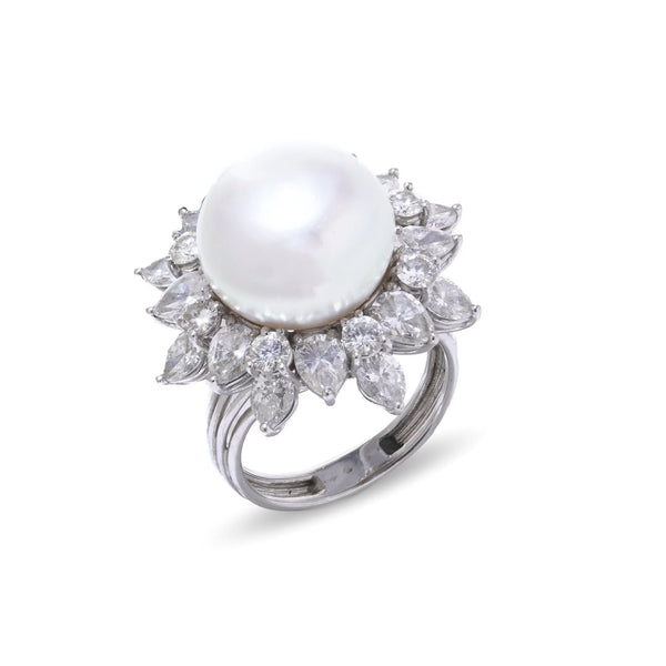 Vintage Platinum Natural Pearl Cluster Ring with Diamonds