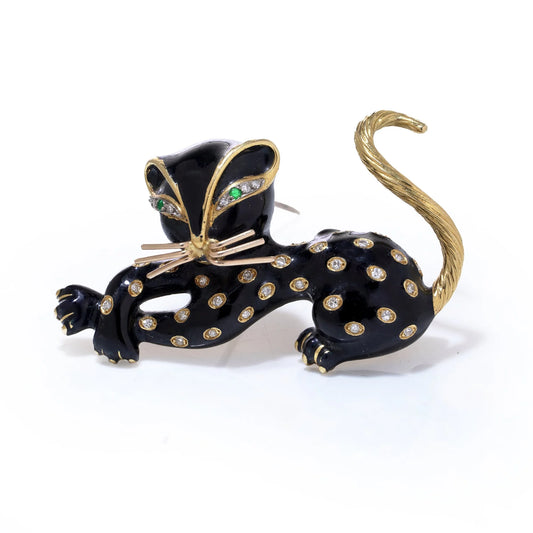Enamel gold and diamond Cat brooch by Kutchinsky 