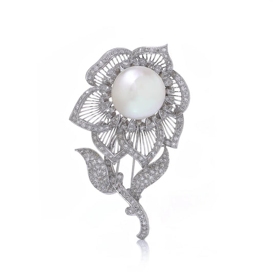 Vintage Natural Pearl and Diamond Flower Brooch