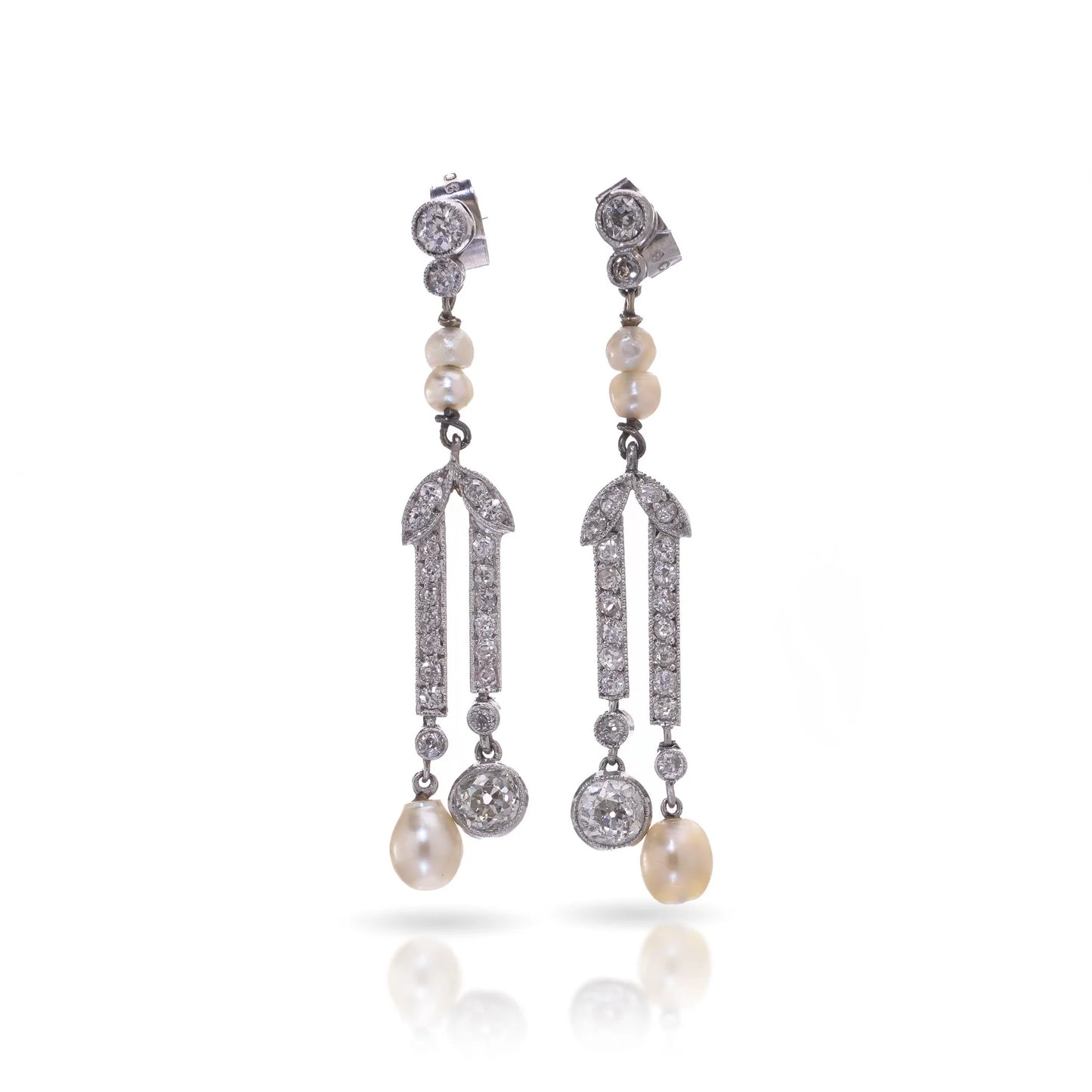 Belle Epoque Old Cut Diamond and Natural Pearl Drop Earrings