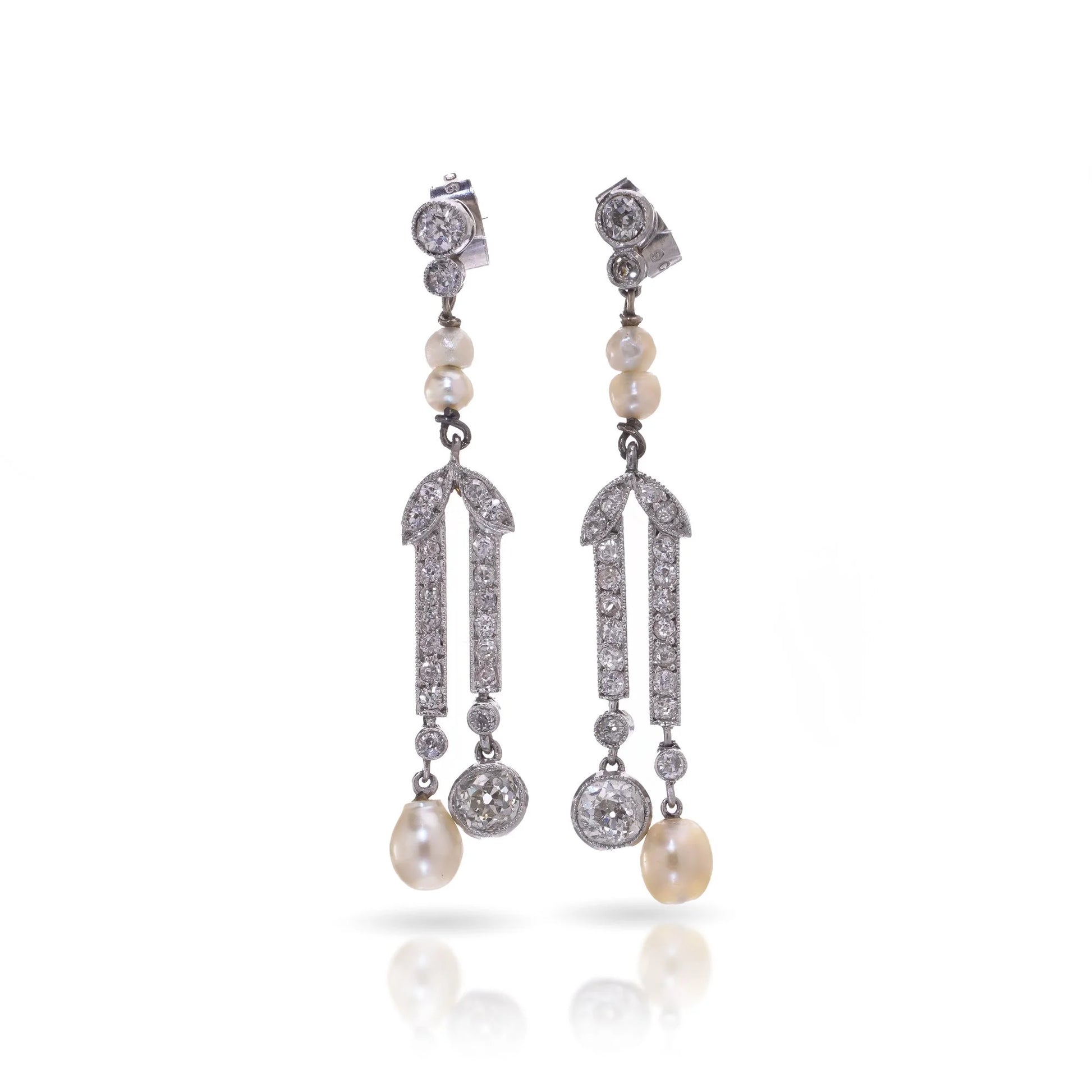 Belle Epoque Old Cut Diamond and Natural Pearl Drop Earrings