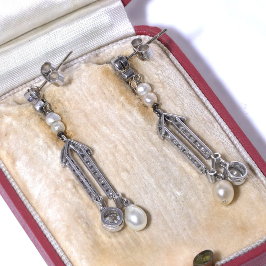 Belle Epoque Old Cut Diamond and Natural Pearl Drop Earrings
