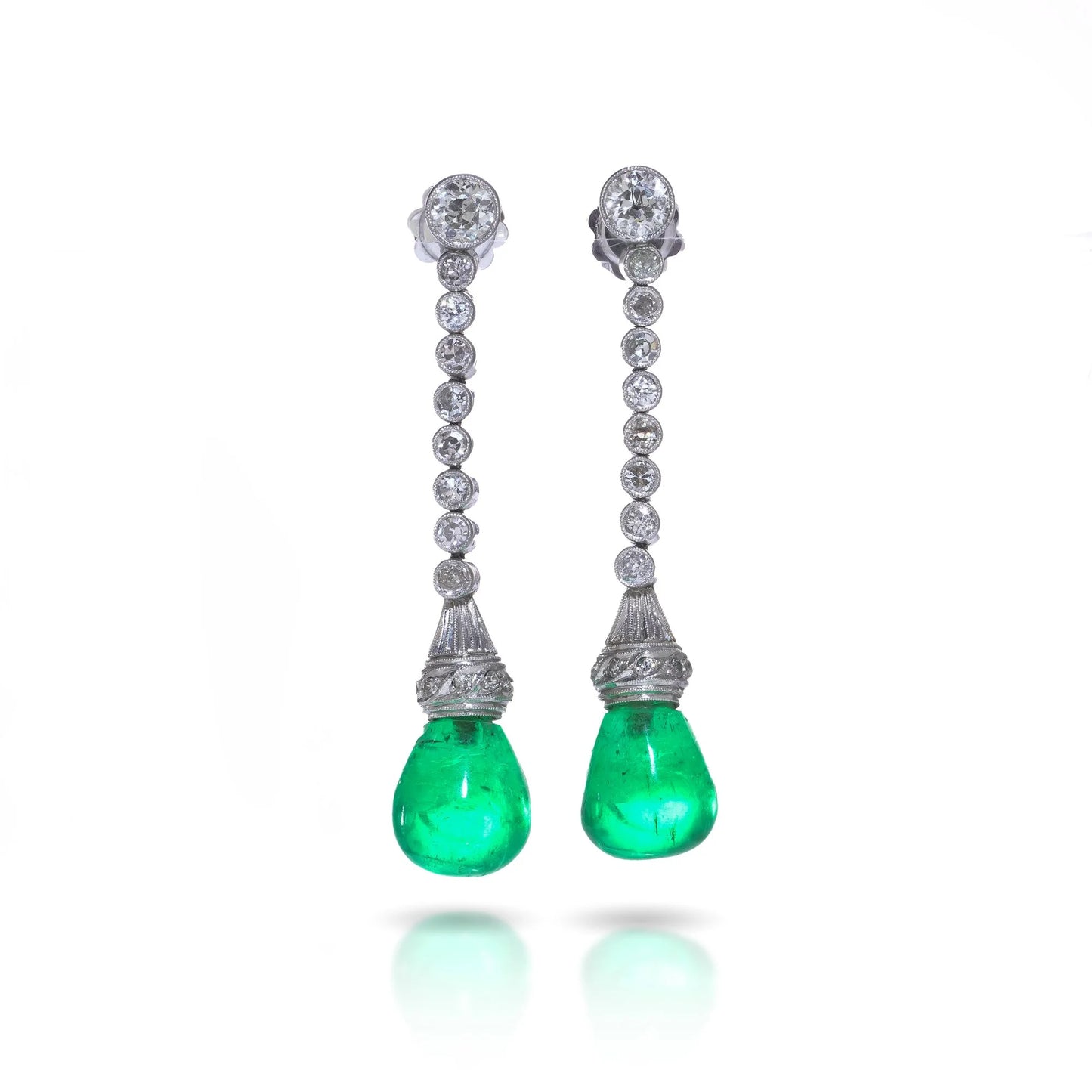 Art Deco Colombian Emerald and Diamond Drop Earrings in Platinum