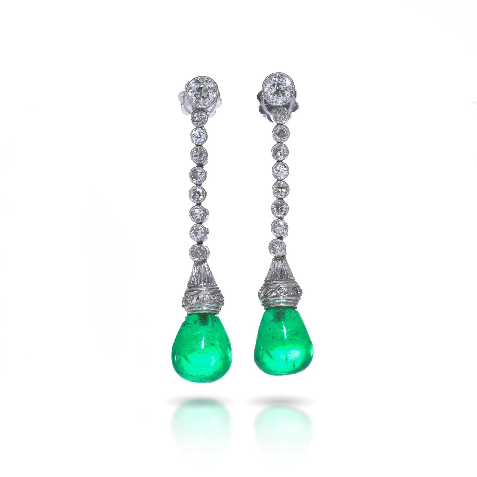 Art Deco Colombian Emerald and Diamond Drop Earrings in Platinum