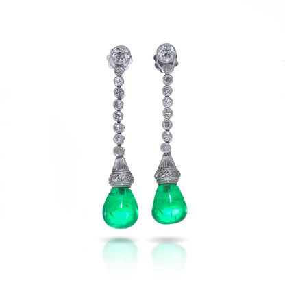 Art Deco Colombian Emerald and Diamond Drop Earrings in Platinum