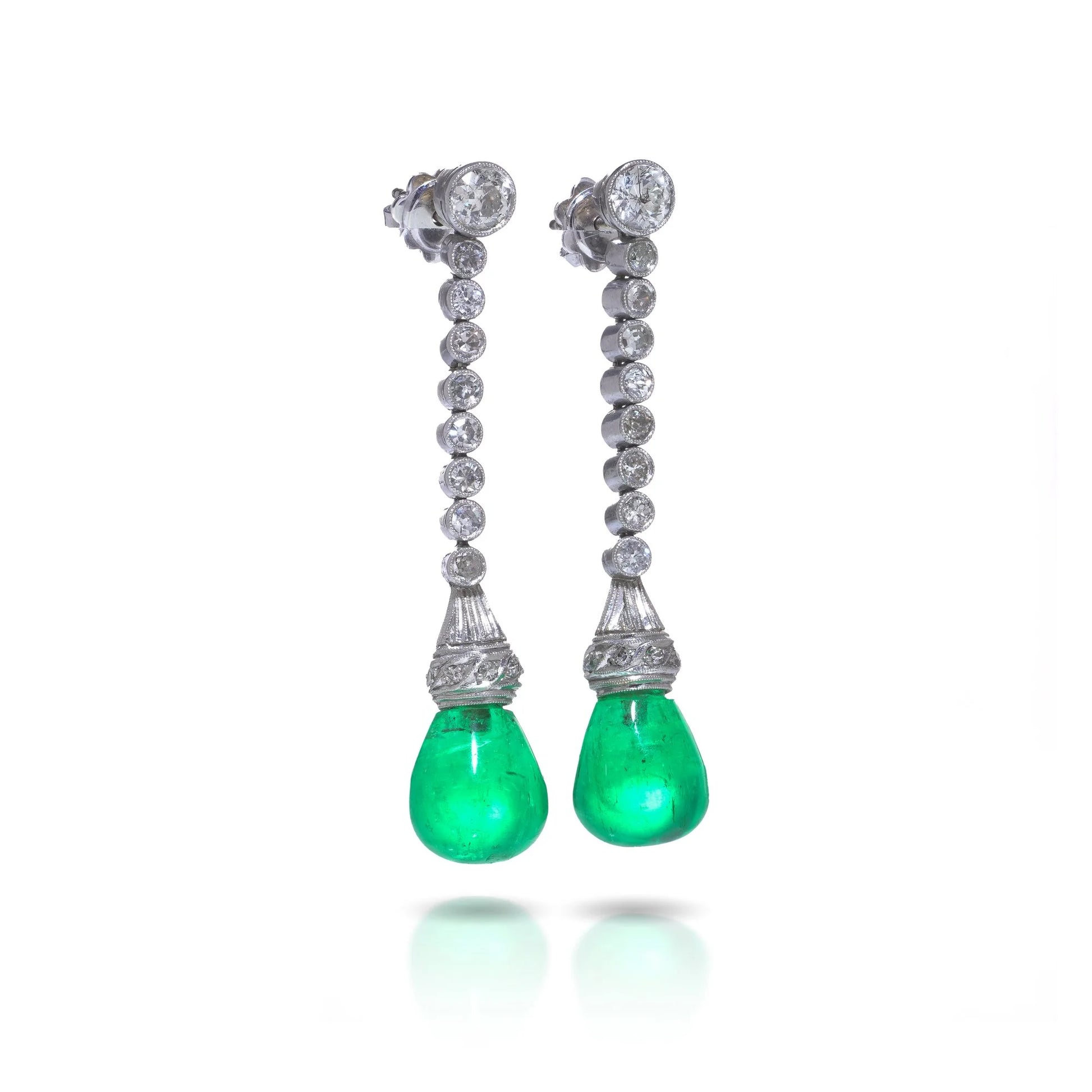 Art Deco Colombian Emerald and Diamond Drop Earrings in Platinum