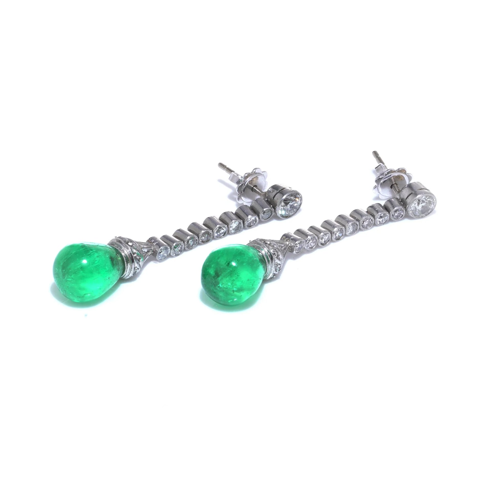 Art Deco Colombian Emerald and Diamond Drop Earrings in Platinum