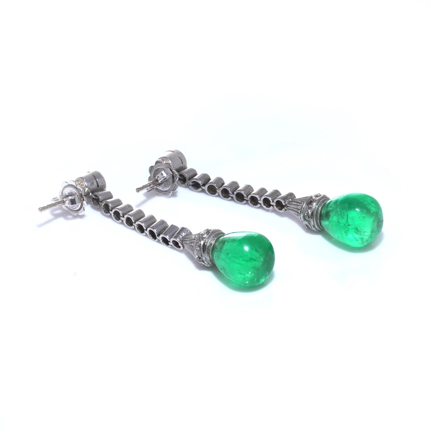 Art Deco Colombian Emerald and Diamond Drop Earrings in Platinum