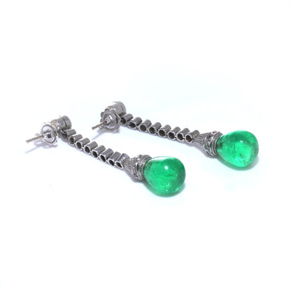 Art Deco Colombian Emerald and Diamond Drop Earrings in Platinum