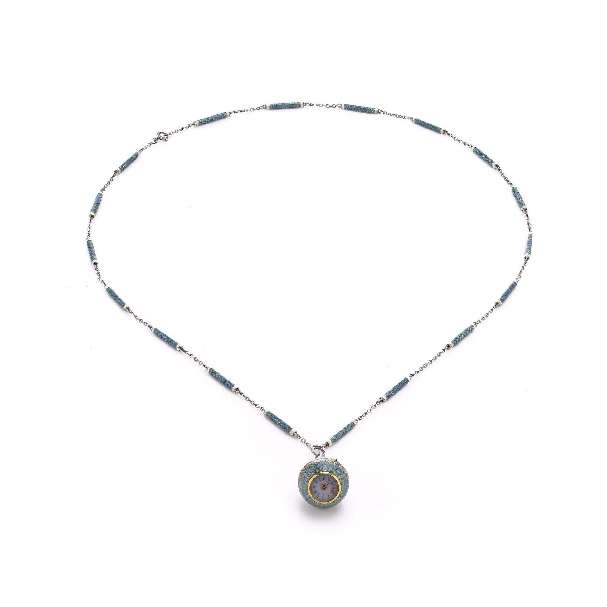 Art Deco Platinum And Enamel Pendant Watch Necklace