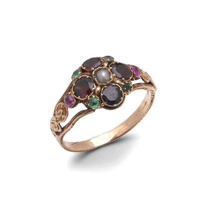 Early Victorian Multi Gemstone Cluster Ring in 15ct Gold