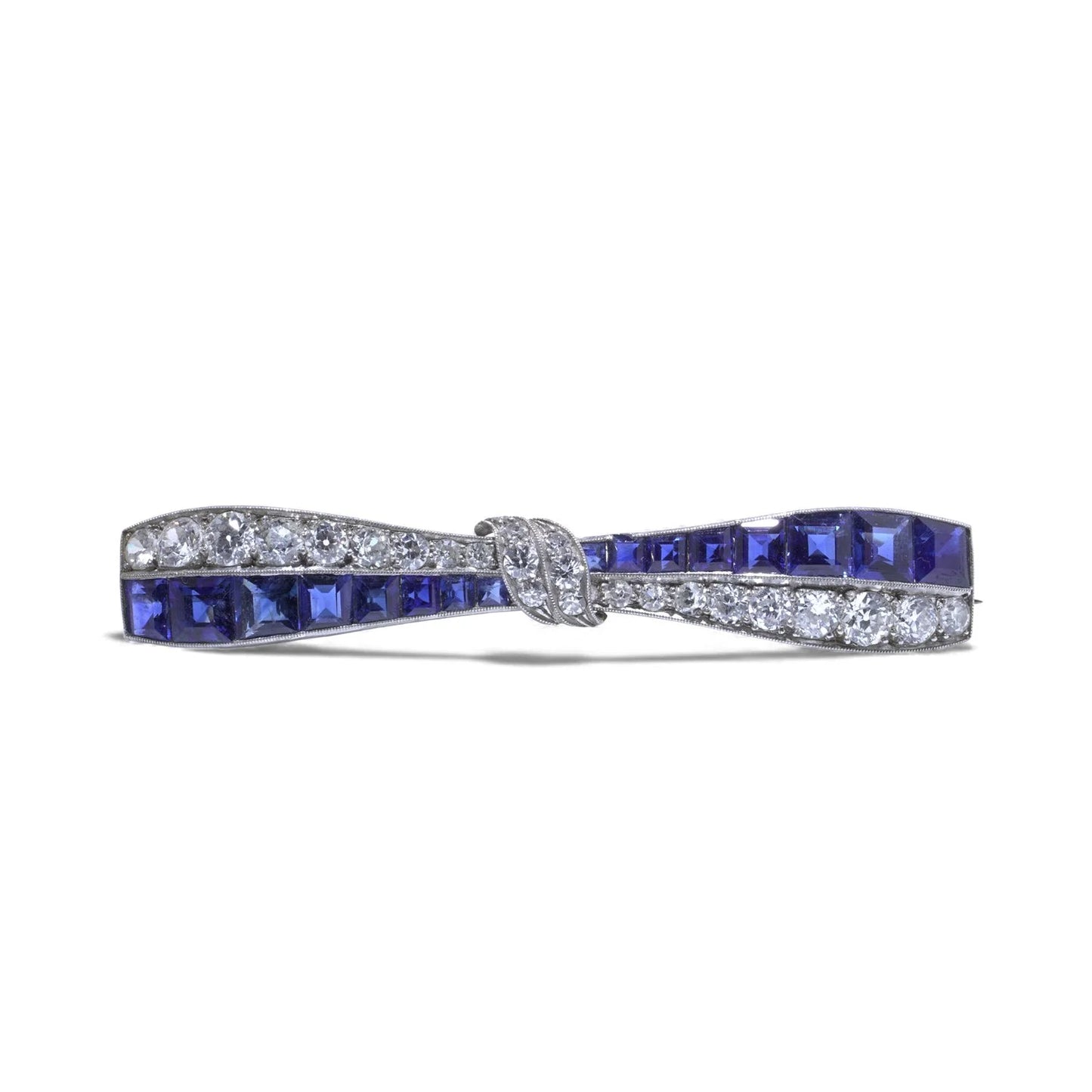 Art Deco 2.40ct Sapphire and 1ct Old Cut Diamond Bow Brooch in Platinum