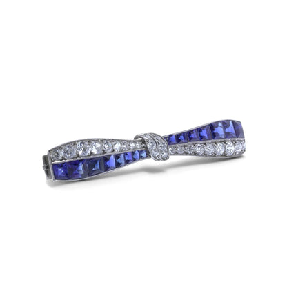 Art Deco 2.40ct Sapphire and 1ct Old Cut Diamond Bow Brooch in Platinum