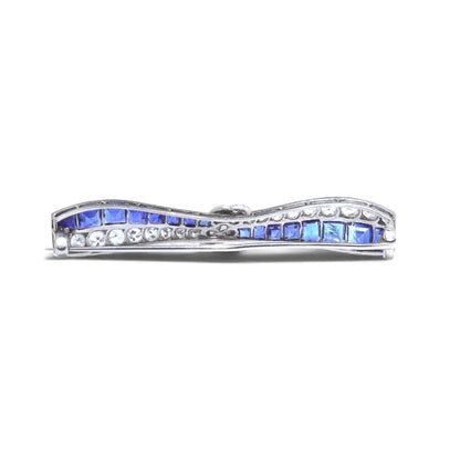 Art Deco 2.40ct Sapphire and 1ct Old Cut Diamond Bow Brooch in Platinum