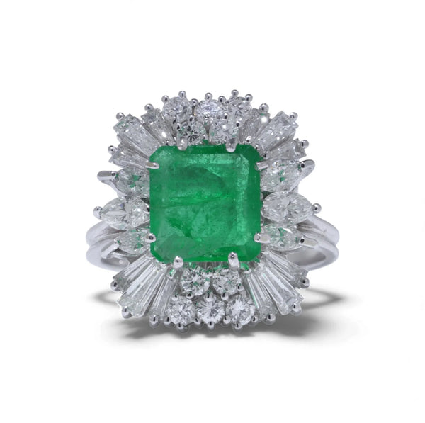 Vintage 2ct Natural Colombian Emerald and Diamond Cluster Ring