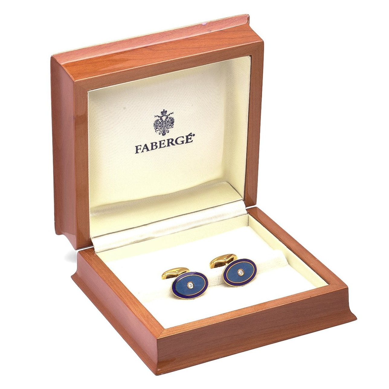 Faberge Blue Enamel and Diamond Set Gold Cufflinks