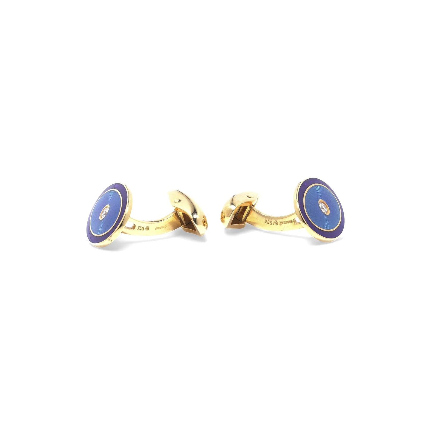 Faberge Blue Enamel and Diamond Set Gold Cufflinks