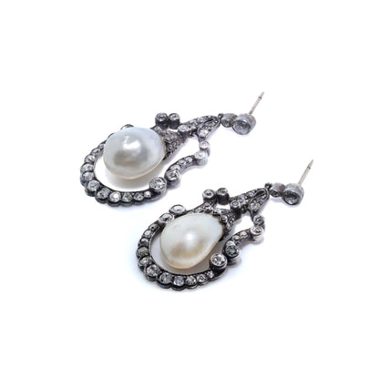 Victorian Antique Natural Pearl and Diamond Drop Earrings