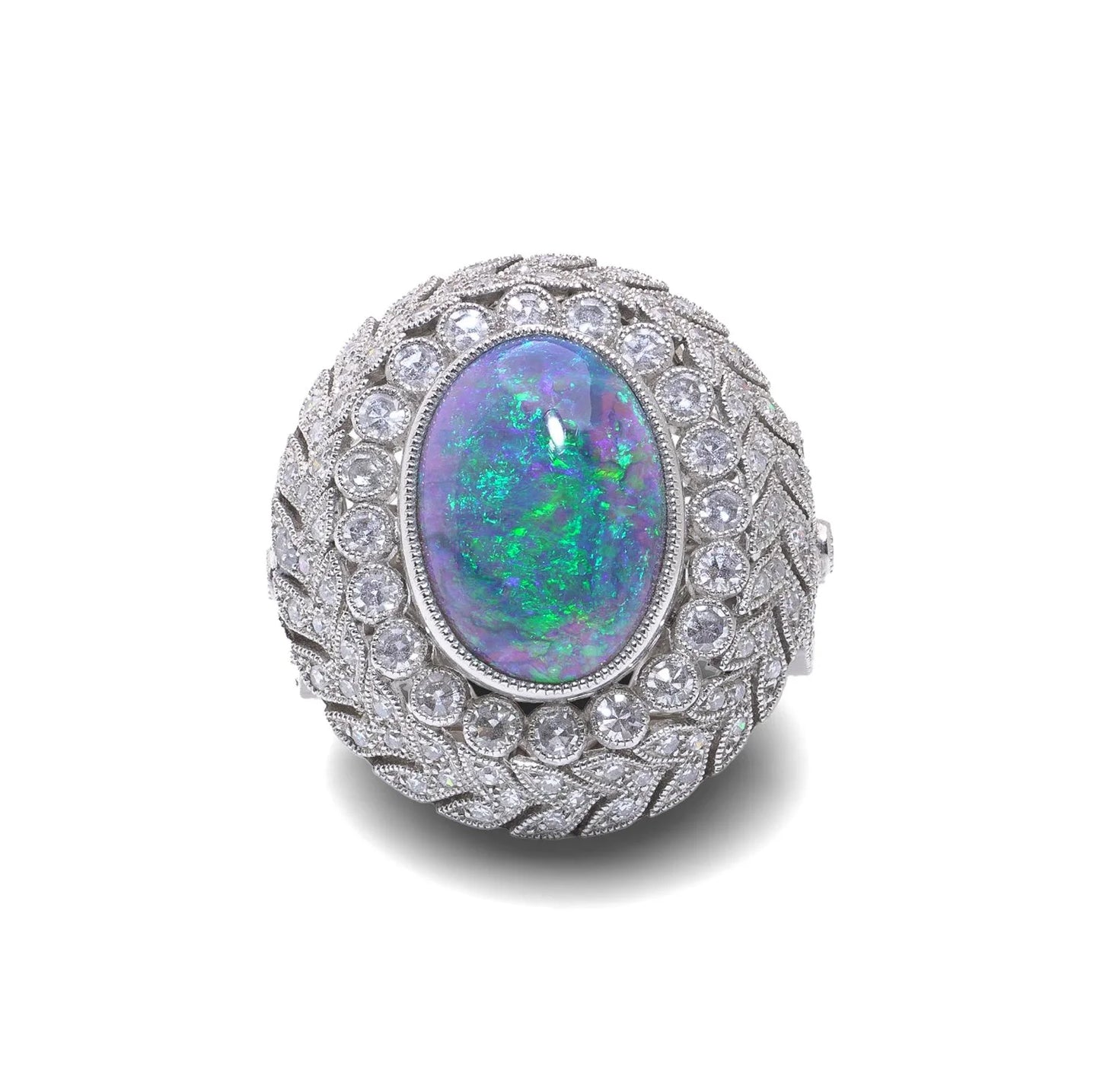 Art Deco Style Platinum Opal And Diamond Cluster Ring