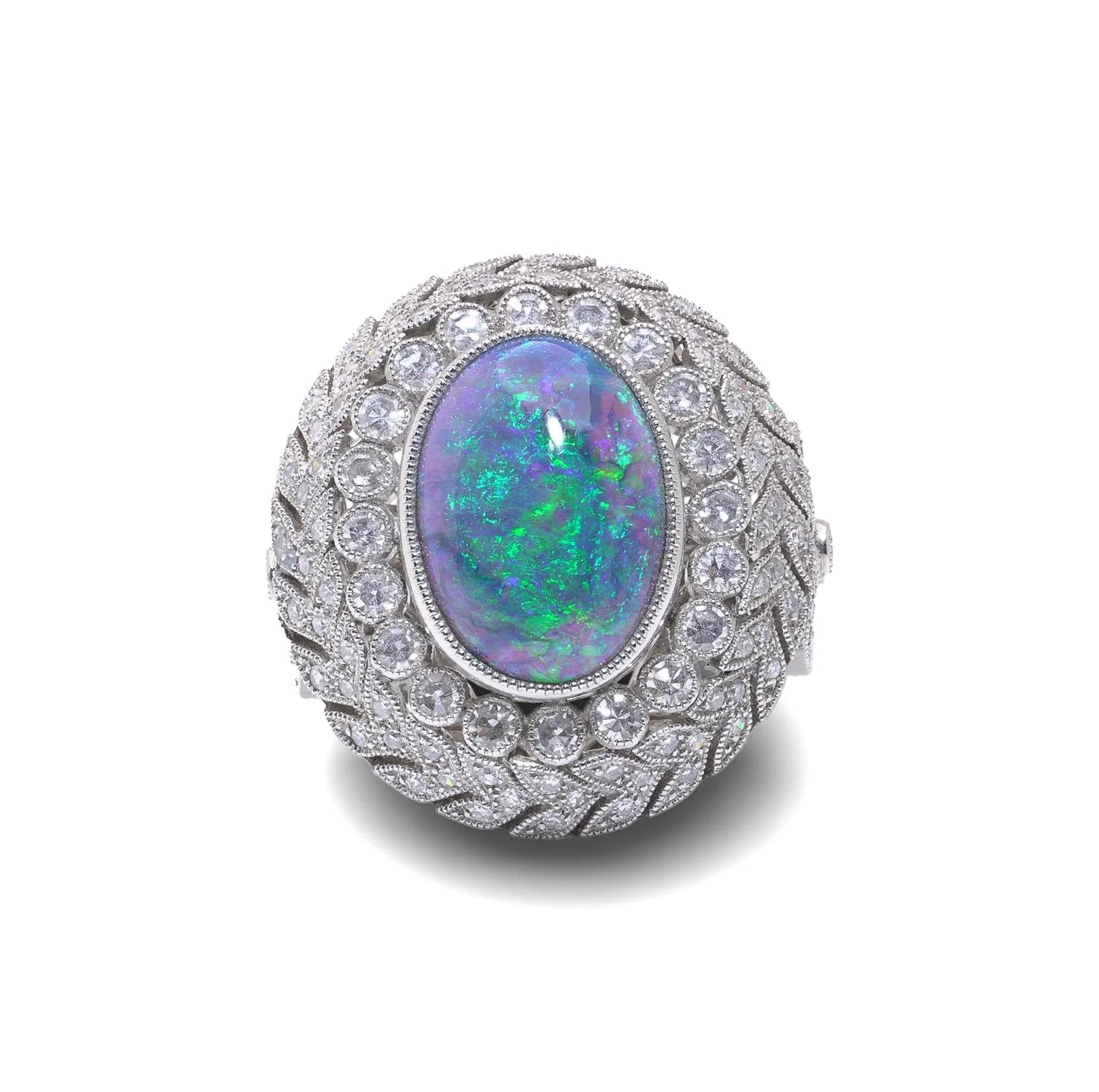 Art Deco Style Platinum Opal And Diamond Cluster Ring