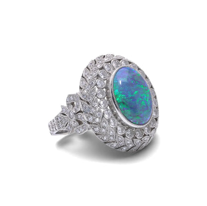 Art Deco Style Platinum Opal And Diamond Cluster Ring