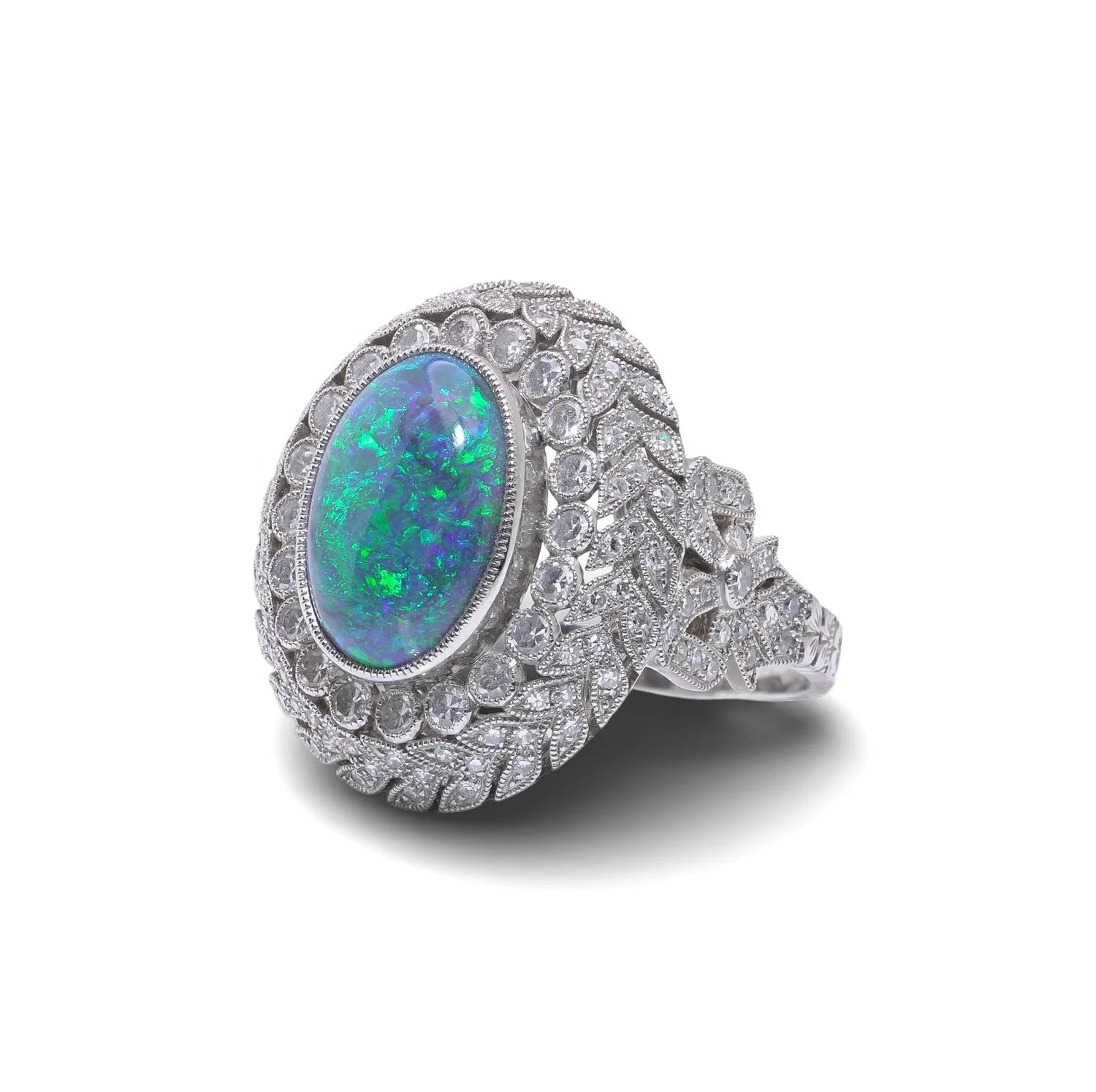 Art Deco Style Platinum Opal And Diamond Cluster Ring