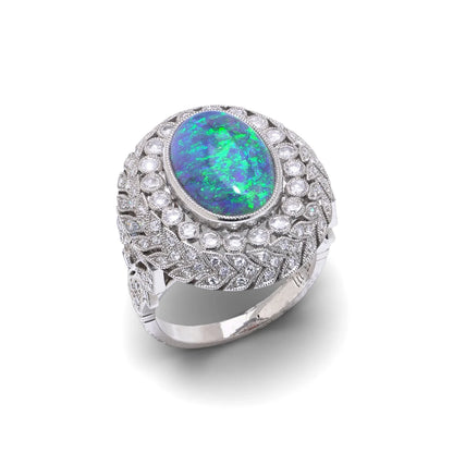 Art Deco Style Platinum Opal And Diamond Cluster Ring