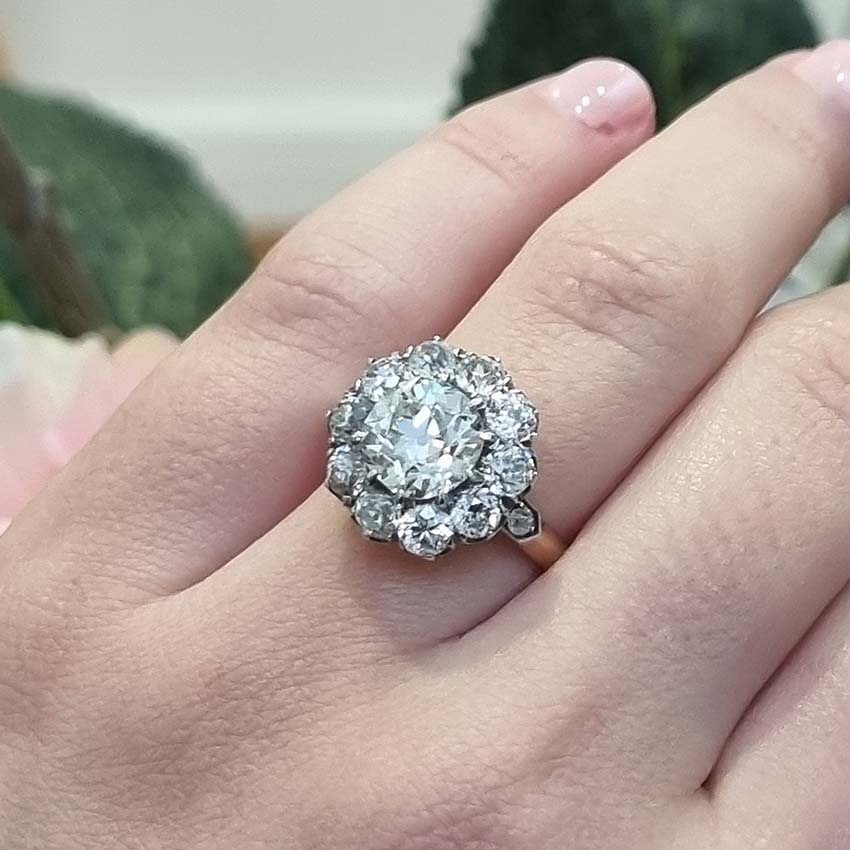 Antique Old Mine Cut Diamond Cluster Engagement Ring, over 4cts, 2.33ct old mine-cut diamond surrounded by 2cts of old-cut diamonds in platinum and 18ct yellow gold