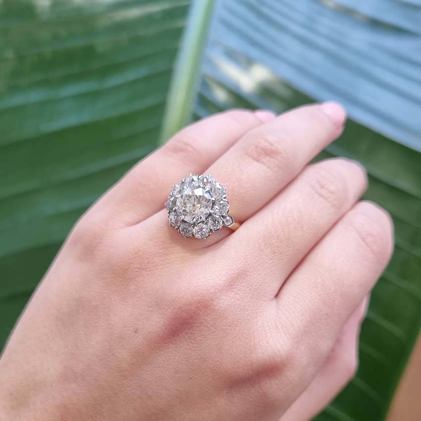 Antique Old Mine Cut Diamond Cluster Engagement Ring, over 4cts, 2.33ct old mine-cut diamond surrounded by 2cts of old-cut diamonds in platinum and 18ct yellow gold