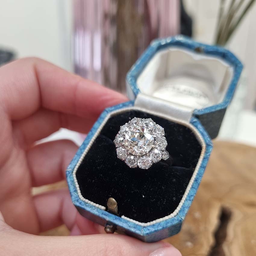 Antique Old Mine Cut Diamond Cluster Engagement Ring, over 4cts, 2.33ct old mine-cut diamond surrounded by 2cts of old-cut diamonds in platinum and 18ct yellow gold