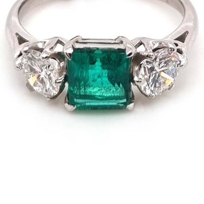 Art Deco Colombian Emerald Diamond Trilogy Engagement Ring