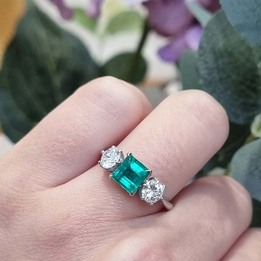 Art Deco Colombian Emerald Diamond Trilogy Engagement Ring