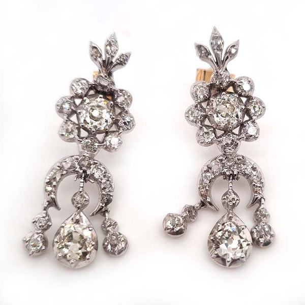 Georgian Antique Old Cut Diamond Girandole Chandelier Earrings