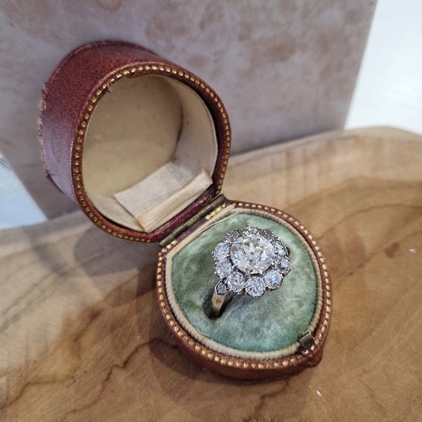 Antique Old Mine Cut Diamond Cluster Engagement Ring, over 4cts, 2.33ct old mine-cut diamond surrounded by 2cts of old-cut diamonds in platinum and 18ct yellow gold