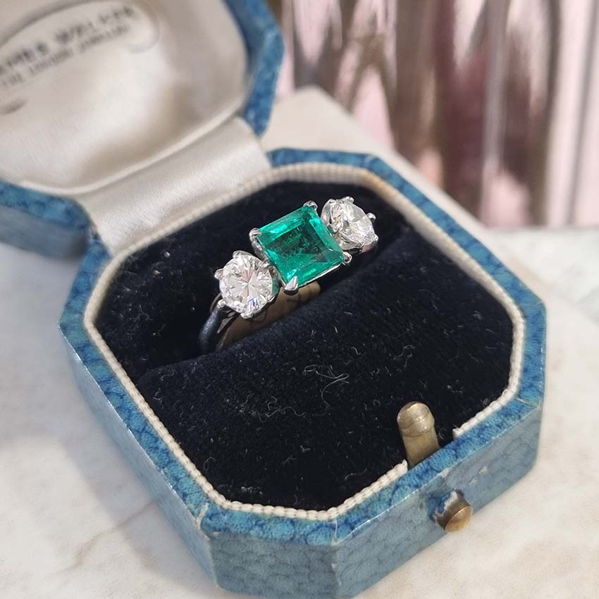 Art Deco Colombian Emerald Diamond Trilogy Engagement Ring