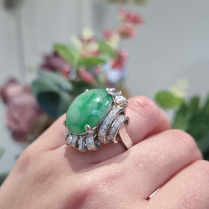 Vintage 23ct Natural Jadeite Jade and Diamond Cluster Ring