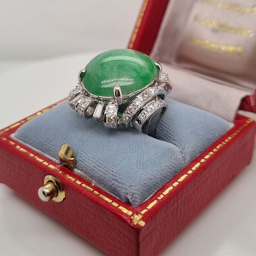 Vintage 23ct Natural Jadeite Jade and Diamond Cluster Ring